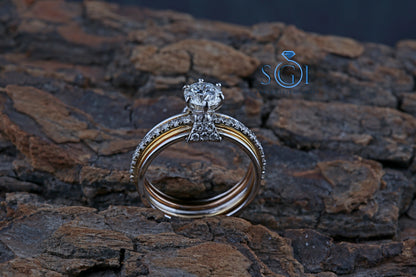 2ctw Moissanite Round Cut Diamond Ring Set, Two Tone Ring Set Solitaire With Side Accent Moissanite Rings In 18K White And Yellow Gold