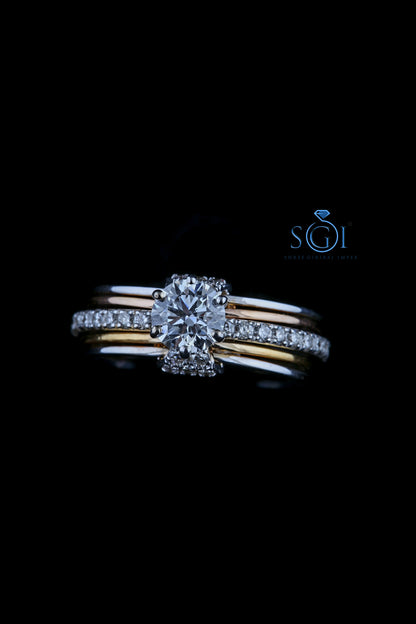 2ctw Moissanite Round Cut Diamond Ring Set, Two Tone Ring Set Solitaire With Side Accent Moissanite Rings In 18K White And Yellow Gold