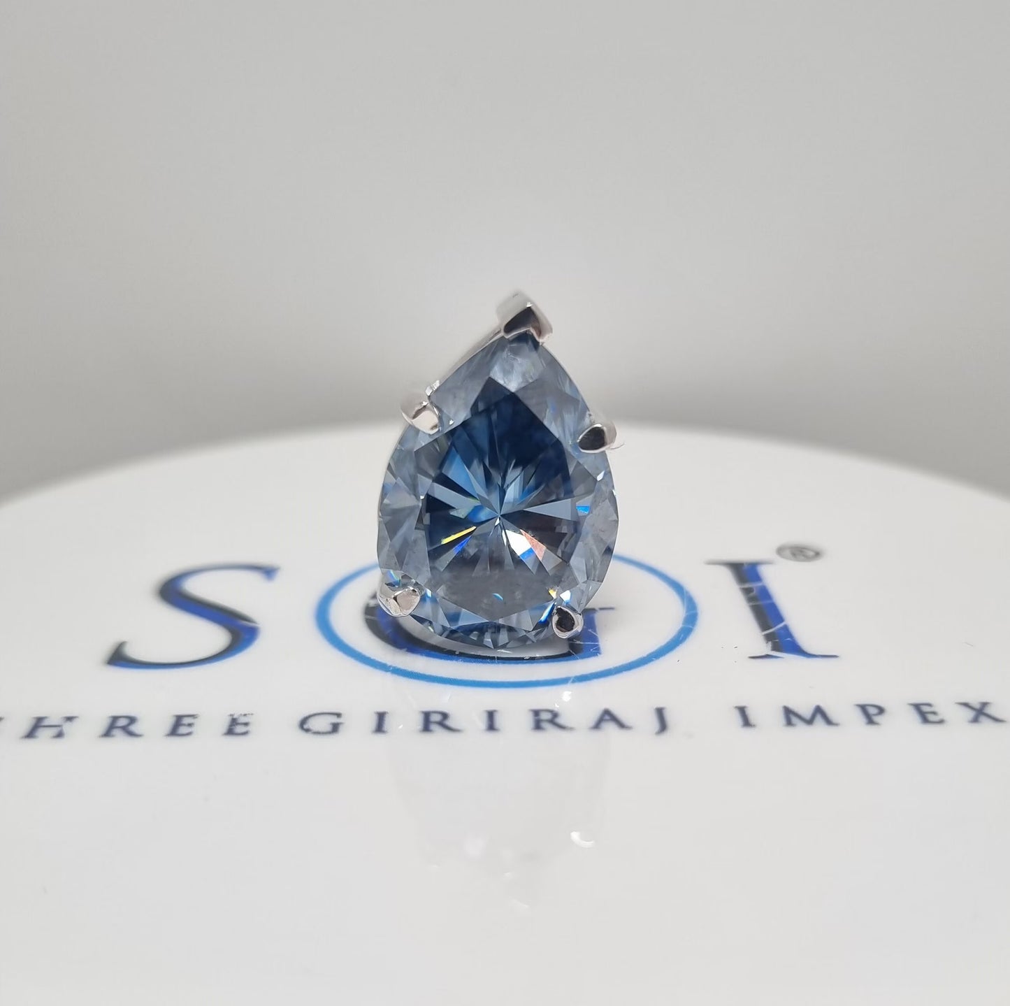 18.5ct Pear Royal Blue Moissanite Pendant: White Gold Bridal Necklace