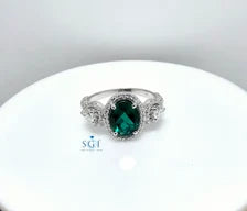 Lab Emerald Halo Ring: Moissanite Accents, Gold or Silver Engagement