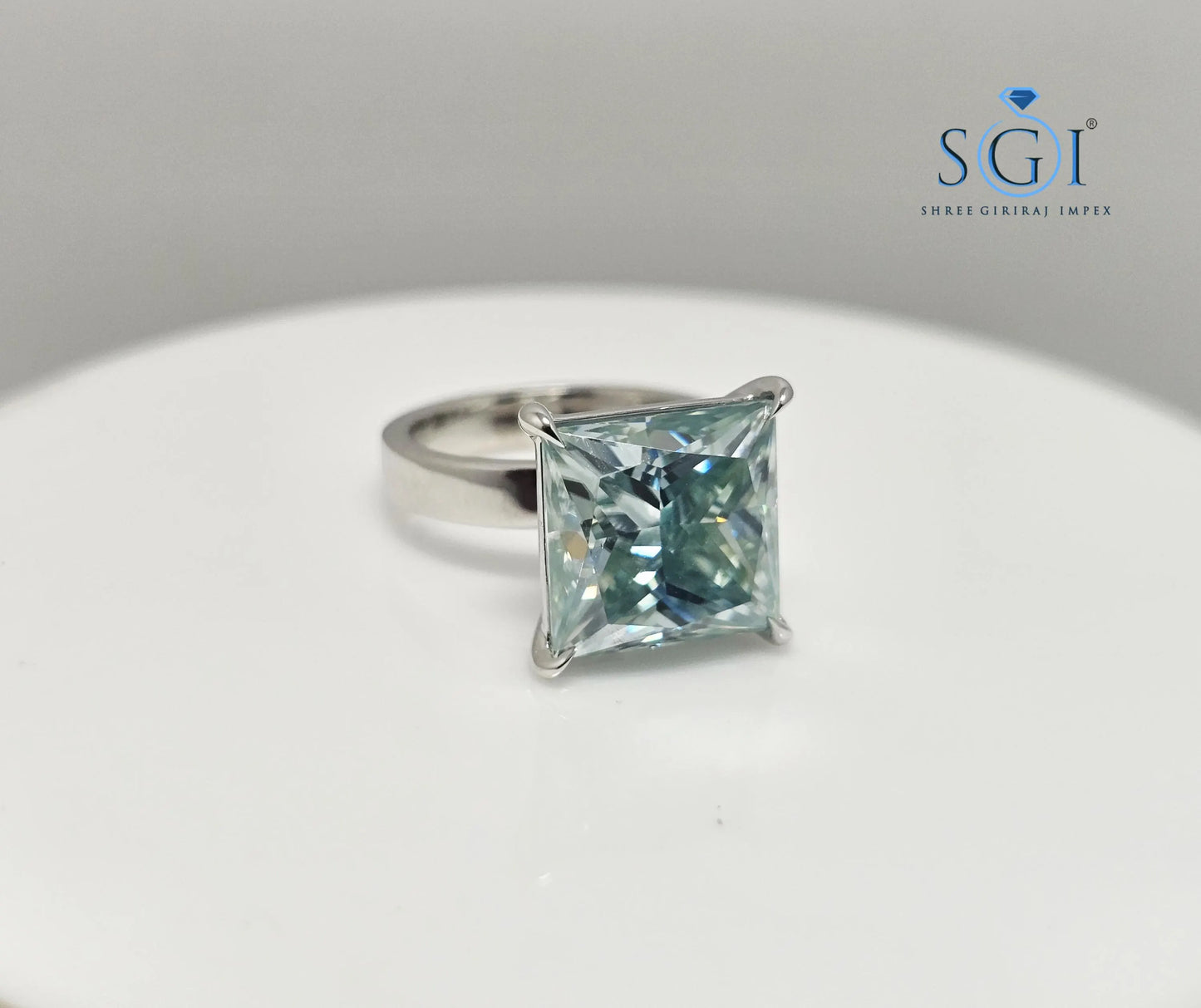 9.75ct Aqua Blue Princess Cut Moissanite Ring – 12mm Solitaire Unisex Luxury Statement