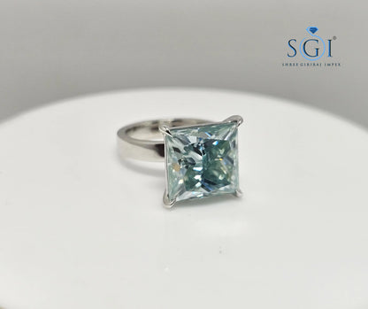 9.75ct Aqua Blue Princess Cut Moissanite Ring – 12mm Solitaire Unisex Luxury Statement