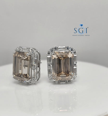 Fancy Yellow Emerald Shape Moissanite Diamond Earrings with White Accent Stones – 25ctw