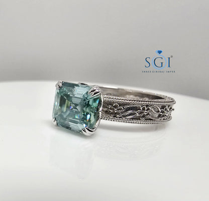 Aqua Blue Moissanite Ring: Vintage Sterling Silver Engagement Jewelry