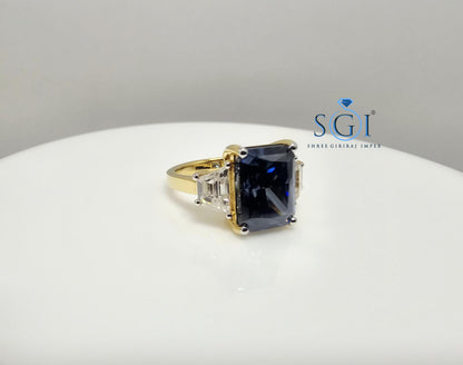 18K Gold Three Stone Ring: 4.52ct Royal Blue Moissanite Engagement Jewelry