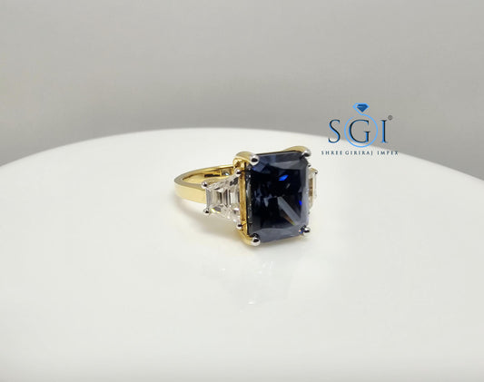 18K Gold Three Stone Ring: 4.52ct Royal Blue Moissanite Engagement Jewelry