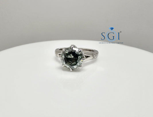 Elegant 3Ct Natural Green Octa Hexagon Moissanite Ring in Silver Vintage StyleJewelry
