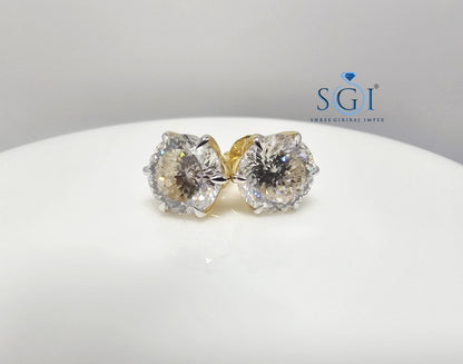 10mm White Portuguese Cut Moissanite Stud Earrings – 8.41ct in Solid Gold, Claw Prong & Push-Back