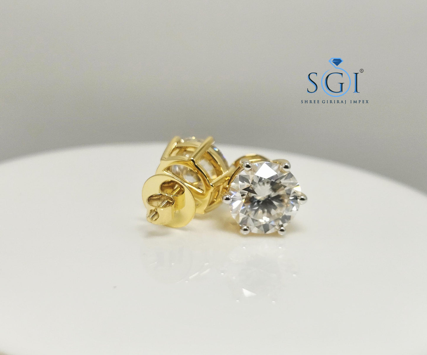 Yellow Gold 11mm Round Moissanite Earrings — 5 Carat Each Solitaire D VVS1