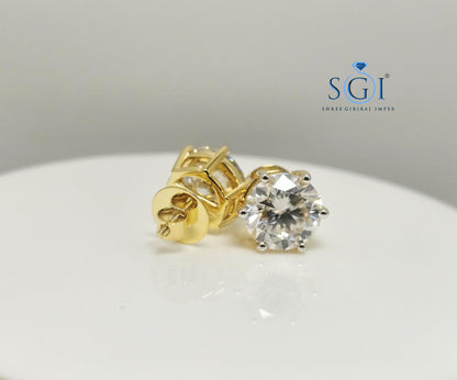 Yellow Gold 11mm Round Moissanite Earrings — 5 Carat Each Solitaire D VVS1
