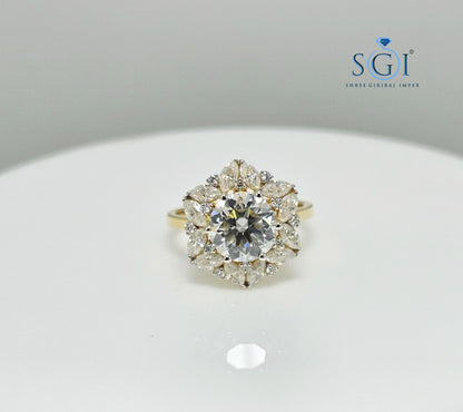 2.80ctw Round & Marquise-Cut Moissanite Diamond Vintage-Inspired Luxurious Gold Ring