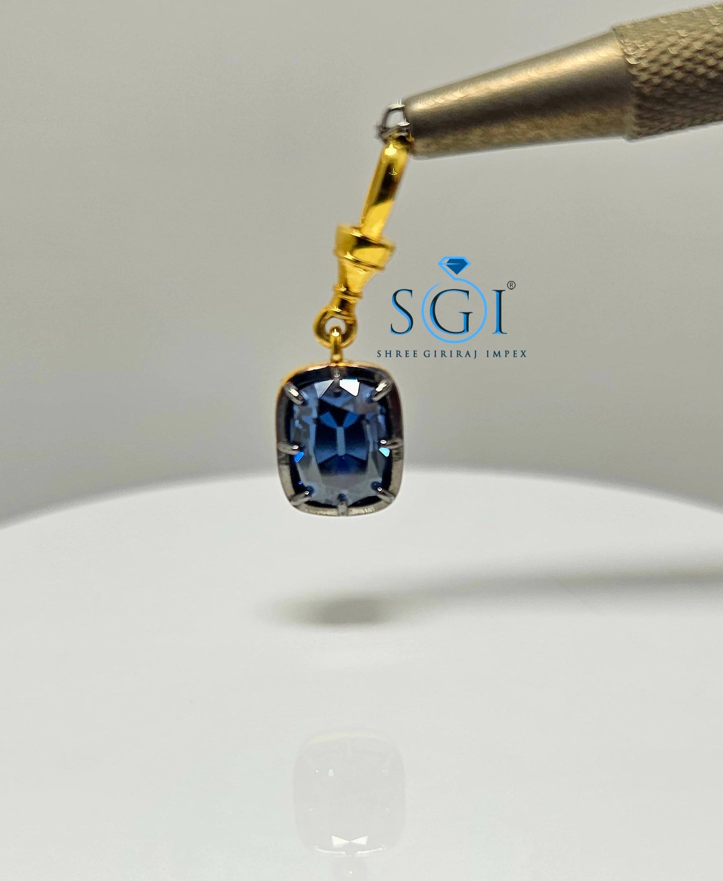 Royal Blue Moissanite Pendant: 3ct Old Mine Cushion, Yellow Gold