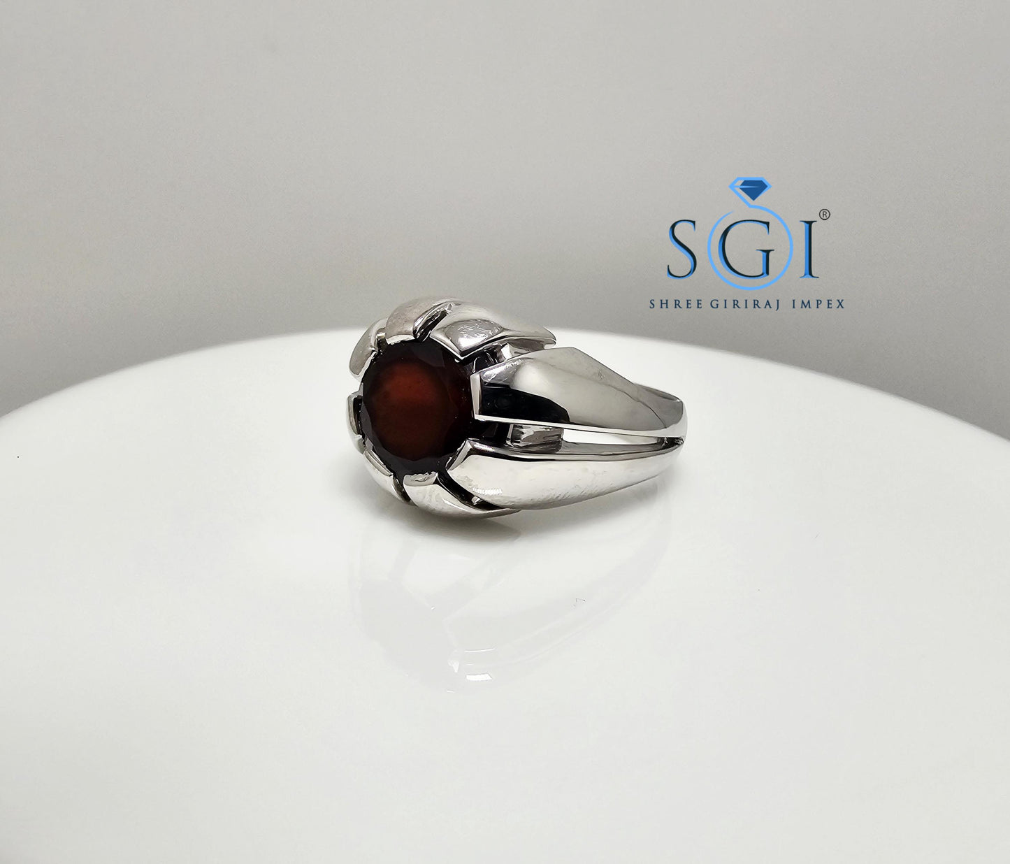 Handmade Men’s Sterling Silver Ring – 11mm Natural Hessonite Garnet, Portuguese Cut