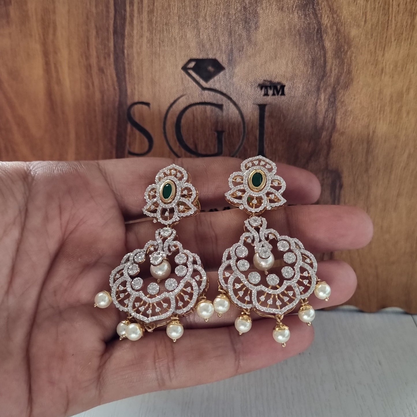 Indian Traditional Design Gold Ear Ring With Changable Green Stone & Moissanite Diamond Studed