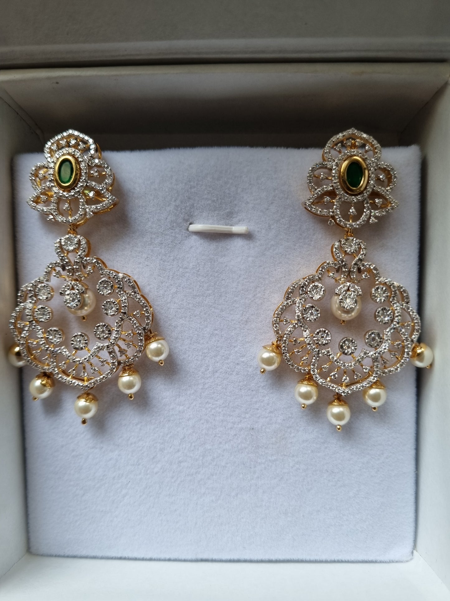 Indian Traditional Design Gold Ear Ring With Changable Green Stone & Moissanite Diamond Studed