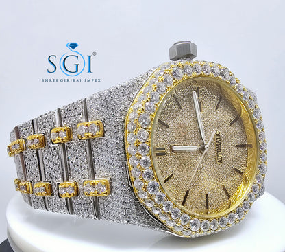 Moissanite Diamond Studied Fully Iced Out Hip-Hop Duel Tone AP Man's Watch