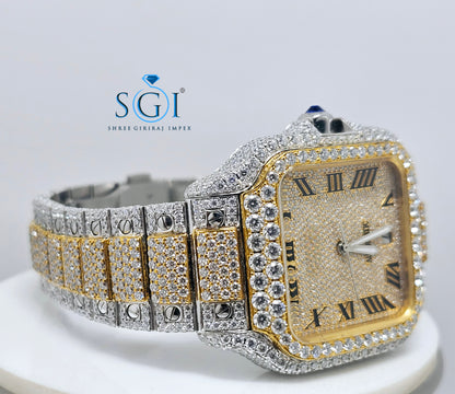 Moissanite Diamond Studied Fully Iced Out Hip-Hop Duel Tone Branded  Man's Watch