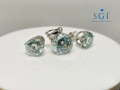 Aqua Blue Portuguese Cut Moissanite Earring &amp; Pendant Set – 16ctw of Captivating Elegance