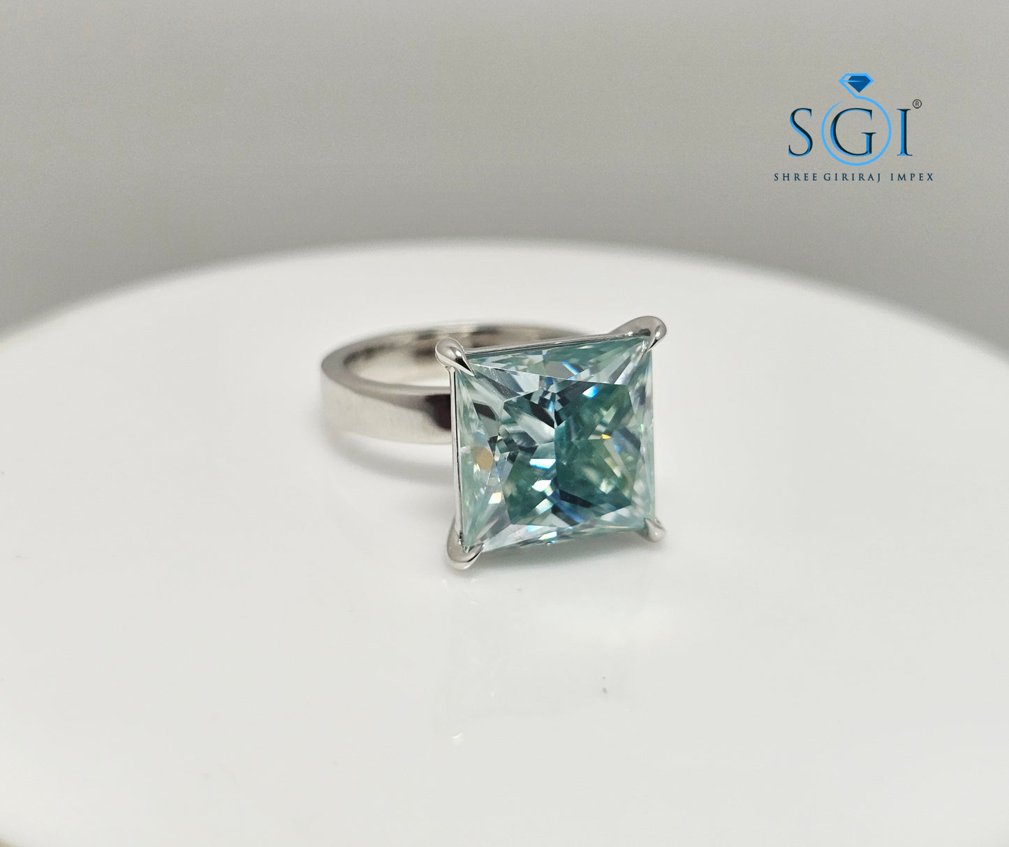 Aqua Blue Princess Shape Moissanite Diamond Luxurious Solitaire Unisex Ring – 9.75ct | 12mm
