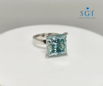 Aqua Blue Princess Shape Moissanite Diamond Luxurious Solitaire Unisex Ring – 9.75ct | 12mm