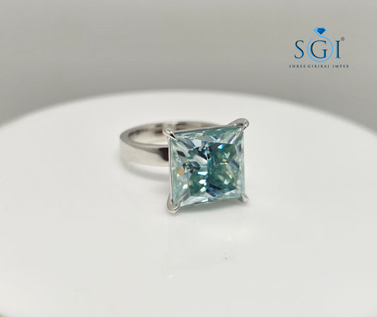 Aqua Blue Princess Shape Moissanite Diamond Luxurious Solitaire Unisex Ring – 9.75ct | 12mm