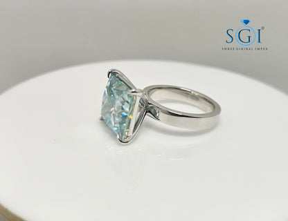 Aqua Blue Princess Shape Moissanite Diamond Luxurious Solitaire Unisex Ring – 9.75ct | 12mm