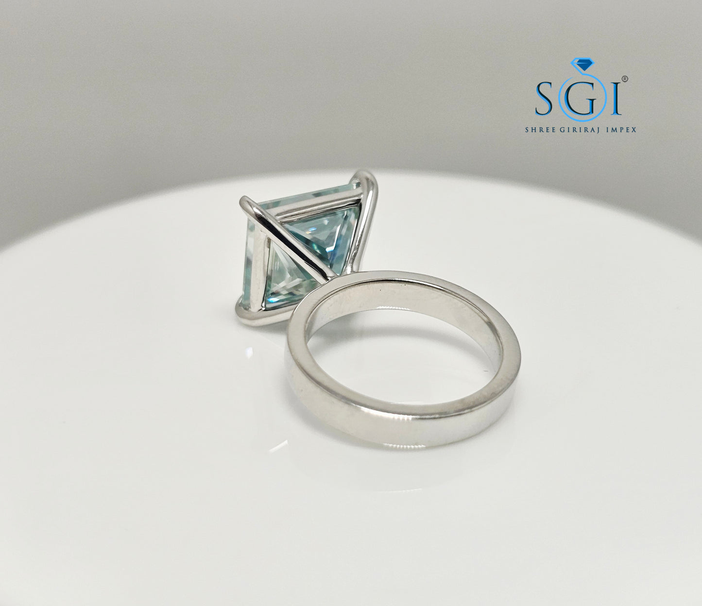 Aqua Blue Princess Shape Moissanite Diamond Luxurious Solitaire Unisex Ring – 9.75ct | 12mm
