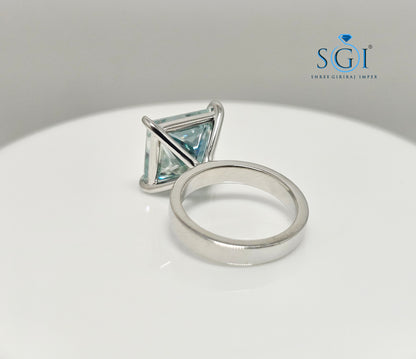 Aqua Blue Princess Shape Moissanite Diamond Luxurious Solitaire Unisex Ring – 9.75ct | 12mm