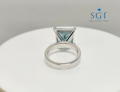Aqua Blue Princess Shape Moissanite Diamond Luxurious Solitaire Unisex Ring – 9.75ct | 12mm