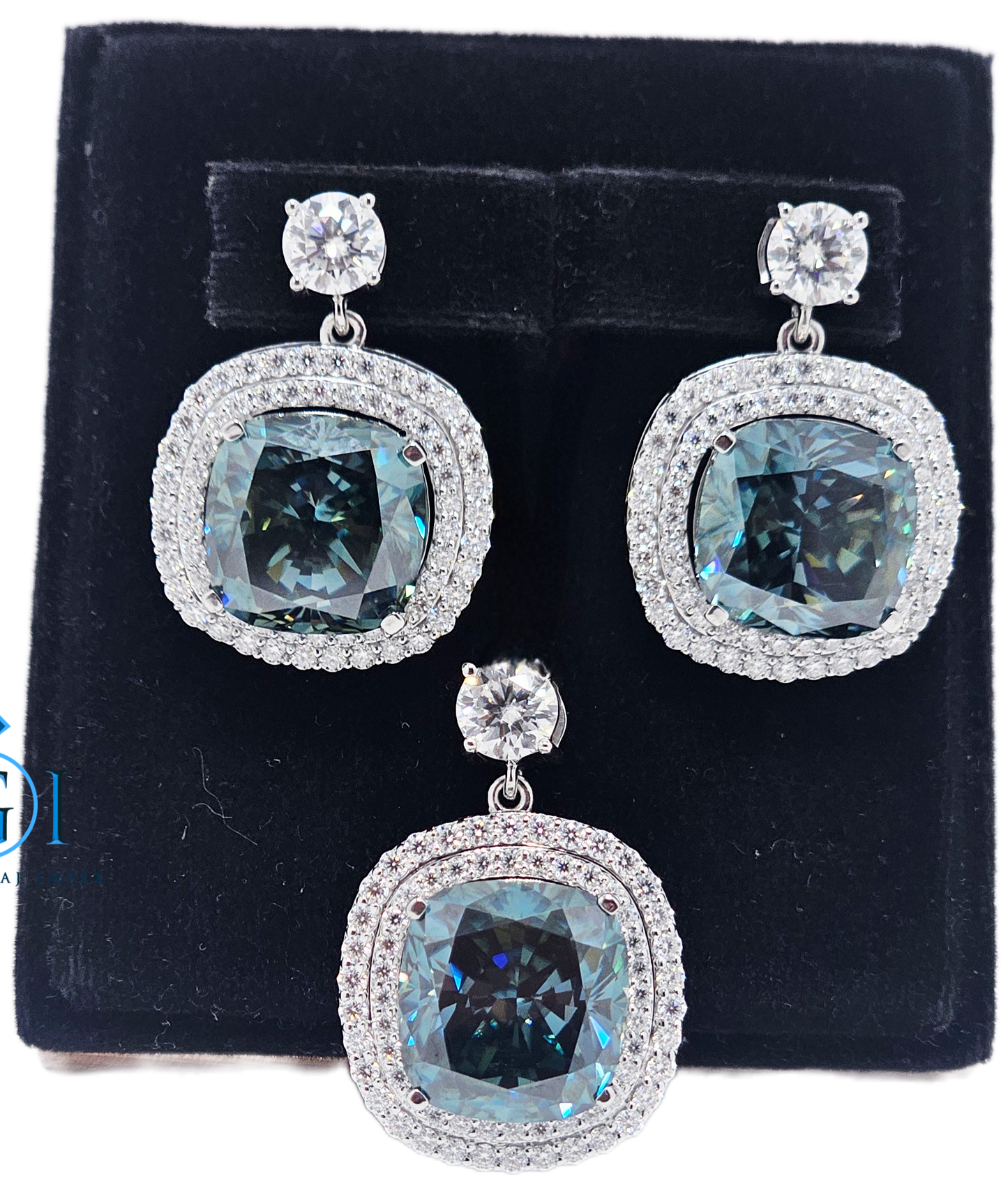 Royal Blue Moissanite Diamond Ear Ring Set with Pendant & small side accents