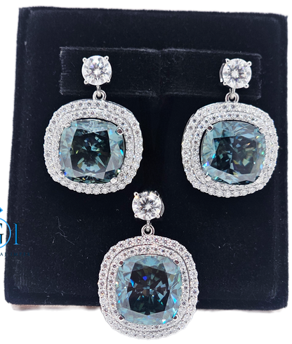 Royal Blue Moissanite Diamond Ear Ring Set with Pendant & small side accents