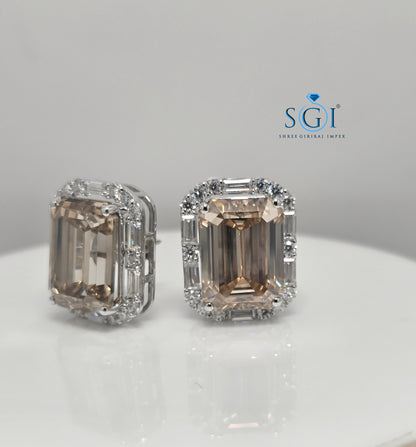 Fancy Yellow Emerald Shape Moissanite Diamond Earrings with White Accent Stones – 25ctw