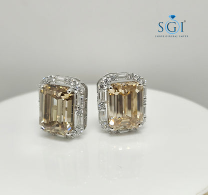 Fancy Yellow Emerald Shape Moissanite Diamond Earrings with White Accent Stones – 25ctw