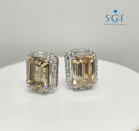 Fancy Yellow Emerald Shape Moissanite Diamond Earrings with White Accent Stones – 25ctw