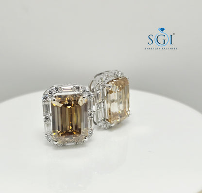 Fancy Yellow Emerald Shape Moissanite Diamond Earrings with White Accent Stones – 25ctw