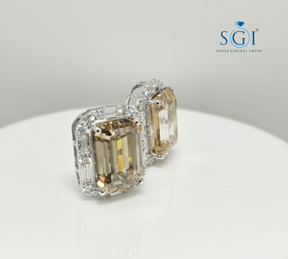 Fancy Yellow Emerald Shape Moissanite Diamond Earrings with White Accent Stones – 25ctw