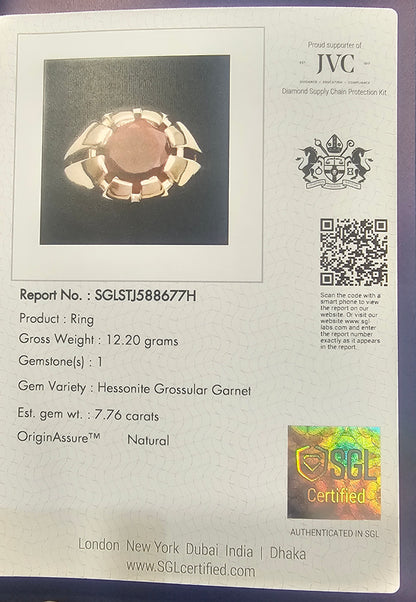 Men’s Silver Ring with 11mm Natural Hessonite Garnet – Portuguese Cut Red Gemstone