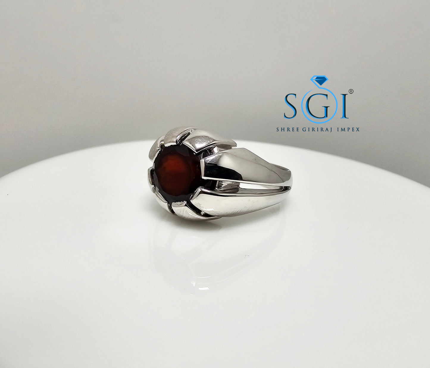 Men’s Silver Ring with 11mm Natural Hessonite Garnet – Portuguese Cut Red Gemstone