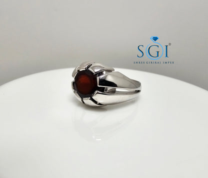 Men’s Silver Ring with 11mm Natural Hessonite Garnet – Portuguese Cut Red Gemstone