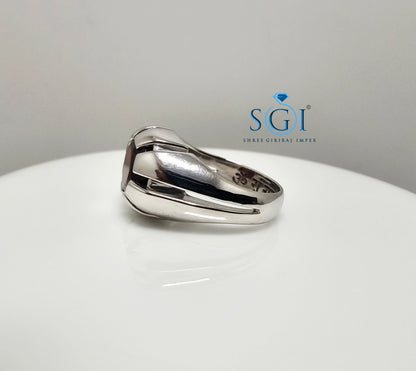 Men’s Silver Ring with 11mm Natural Hessonite Garnet – Portuguese Cut Red Gemstone