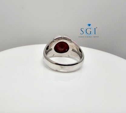 Men’s Silver Ring with 11mm Natural Hessonite Garnet – Portuguese Cut Red Gemstone