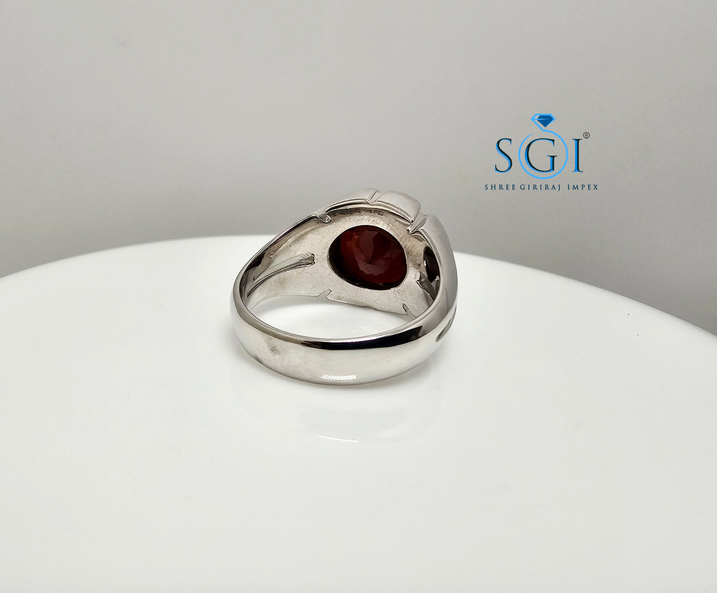 Men’s Silver Ring with 11mm Natural Hessonite Garnet – Portuguese Cut Red Gemstone