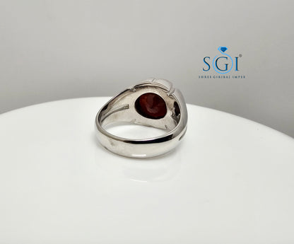 Men’s Silver Ring with 11mm Natural Hessonite Garnet – Portuguese Cut Red Gemstone