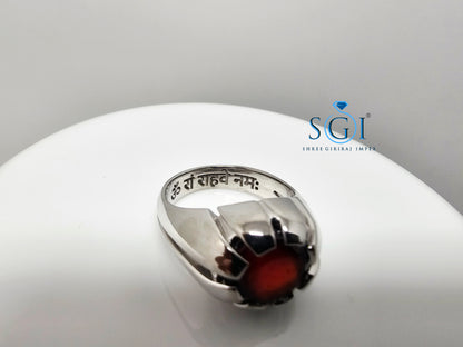 Men’s Silver Ring with 11mm Natural Hessonite Garnet – Portuguese Cut Red Gemstone