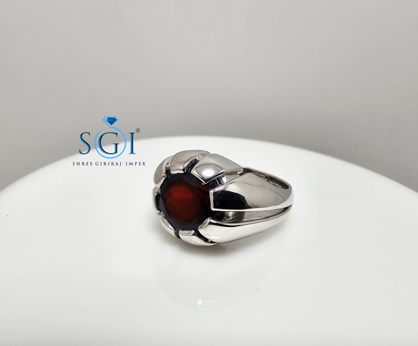 Men’s Silver Ring with 11mm Natural Hessonite Garnet – Portuguese Cut Red Gemstone