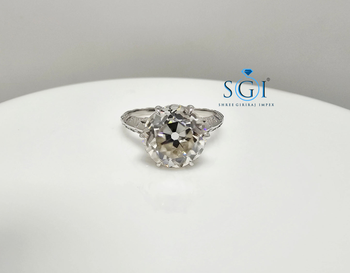 Vintage Style Silver Ring with 9.5mm White Moissanite Diamond | Old European Cut