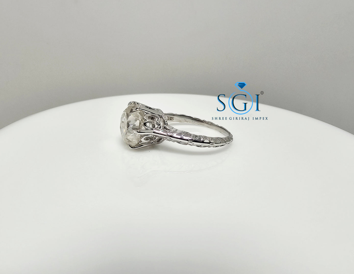 Vintage Style Silver Ring with 9.5mm White Moissanite Diamond | Old European Cut