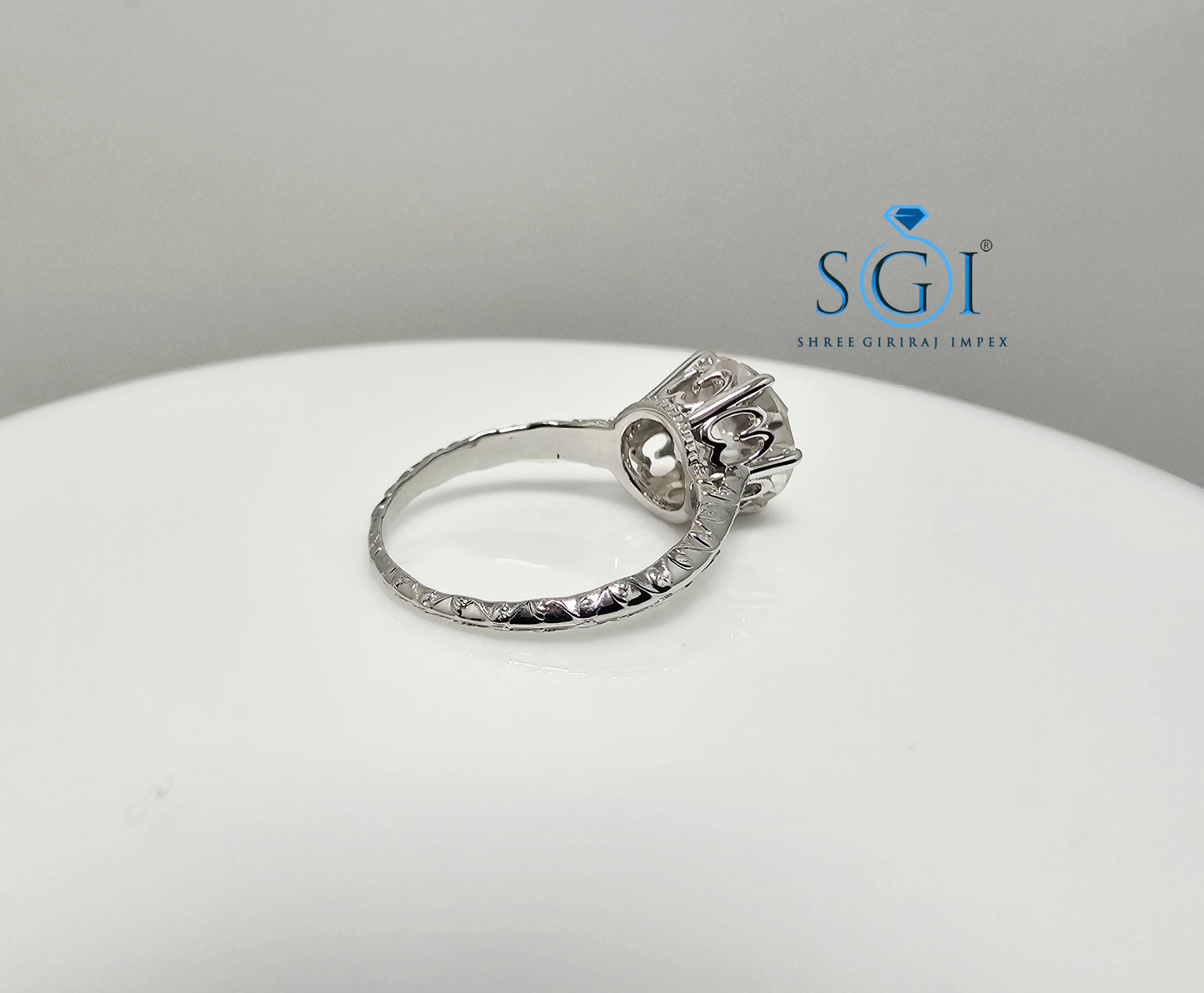 Vintage Style Silver Ring with 9.5mm White Moissanite Diamond | Old European Cut