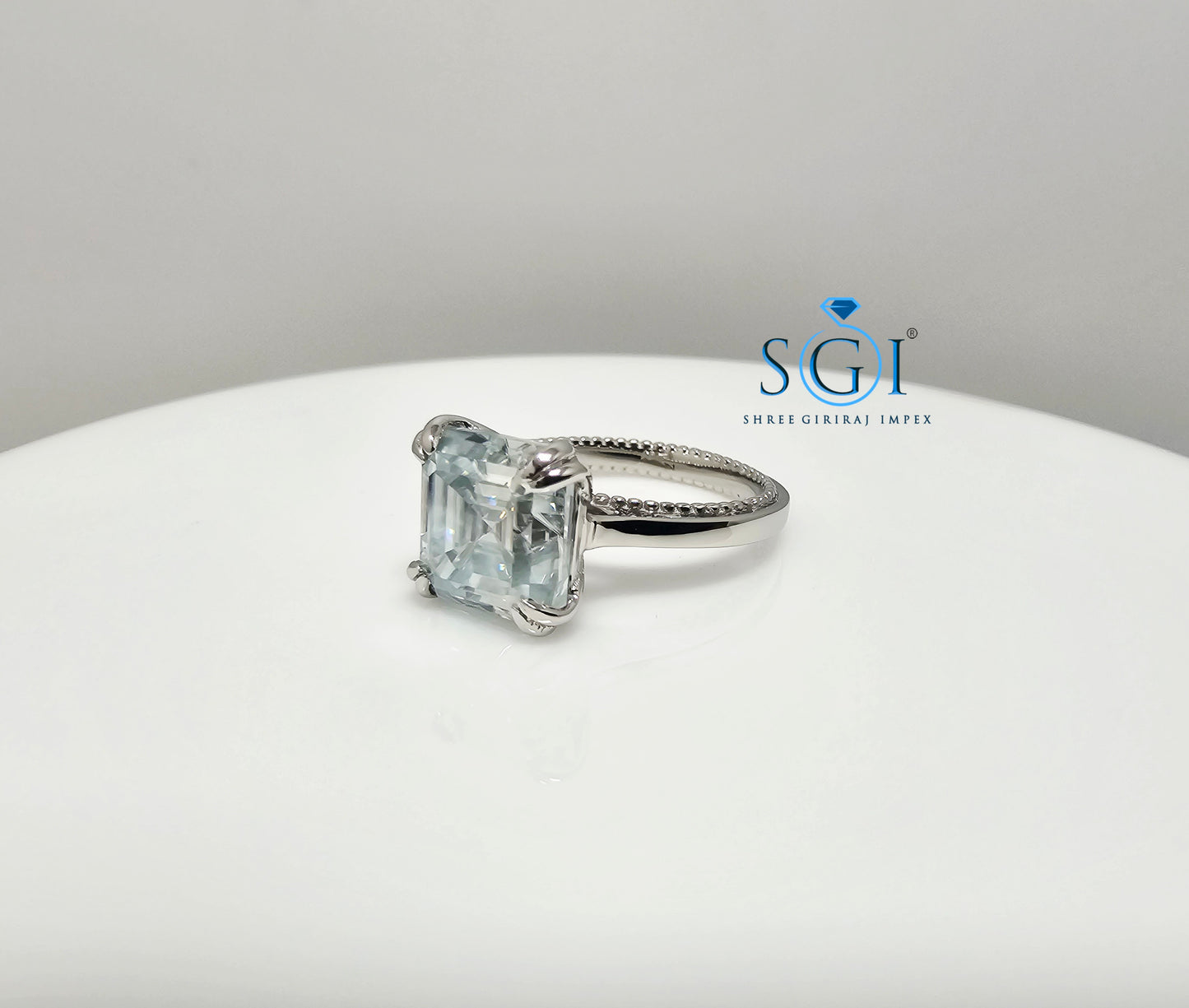 Luxury Platinum Ring with 8.5mm Aqua Blue Moissanite Diamond (Asscher Cut)
