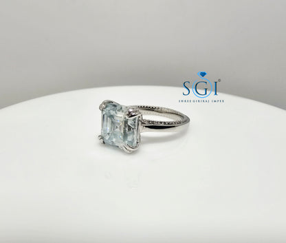 Luxury Platinum Ring with 8.5mm Aqua Blue Moissanite Diamond (Asscher Cut)